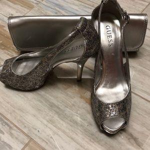 Guess shimmering silver and gold heels.